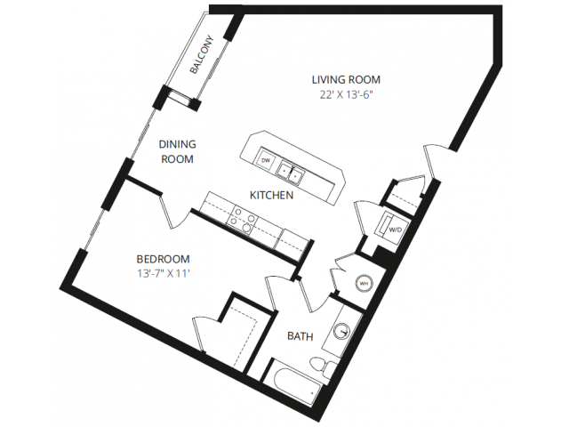 Floor plan for 1 bed, 1 bath, 811 sqft